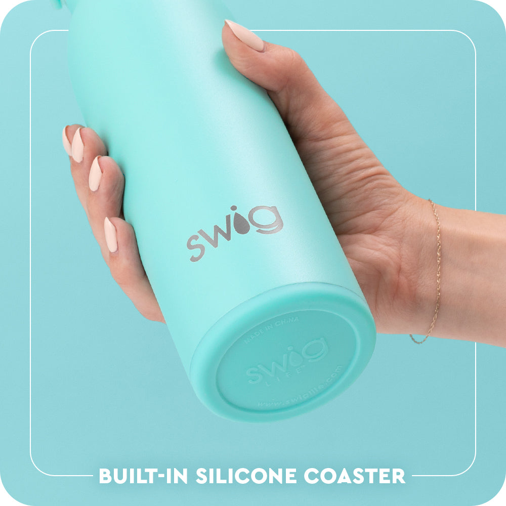 Swig Life 16oz Flip + Sip Bottle Built-in Silicone Coaster Base infographic shown in Aqua - slip-free, scratch-free, noise-free