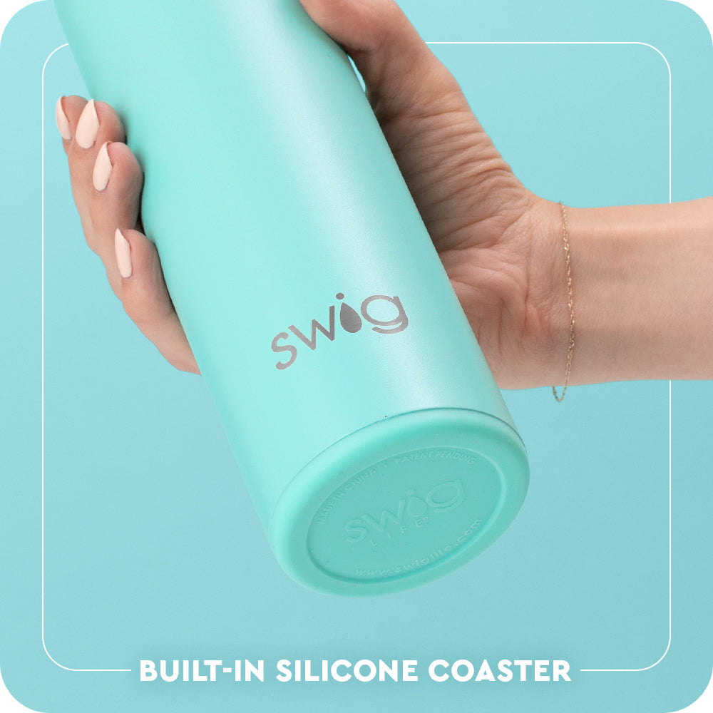 Swig Life 20oz Flip + Sip Bottle Built-in Silicone Coaster Base infographic shown in Aqua - slip-free, scratch-free, noise-free