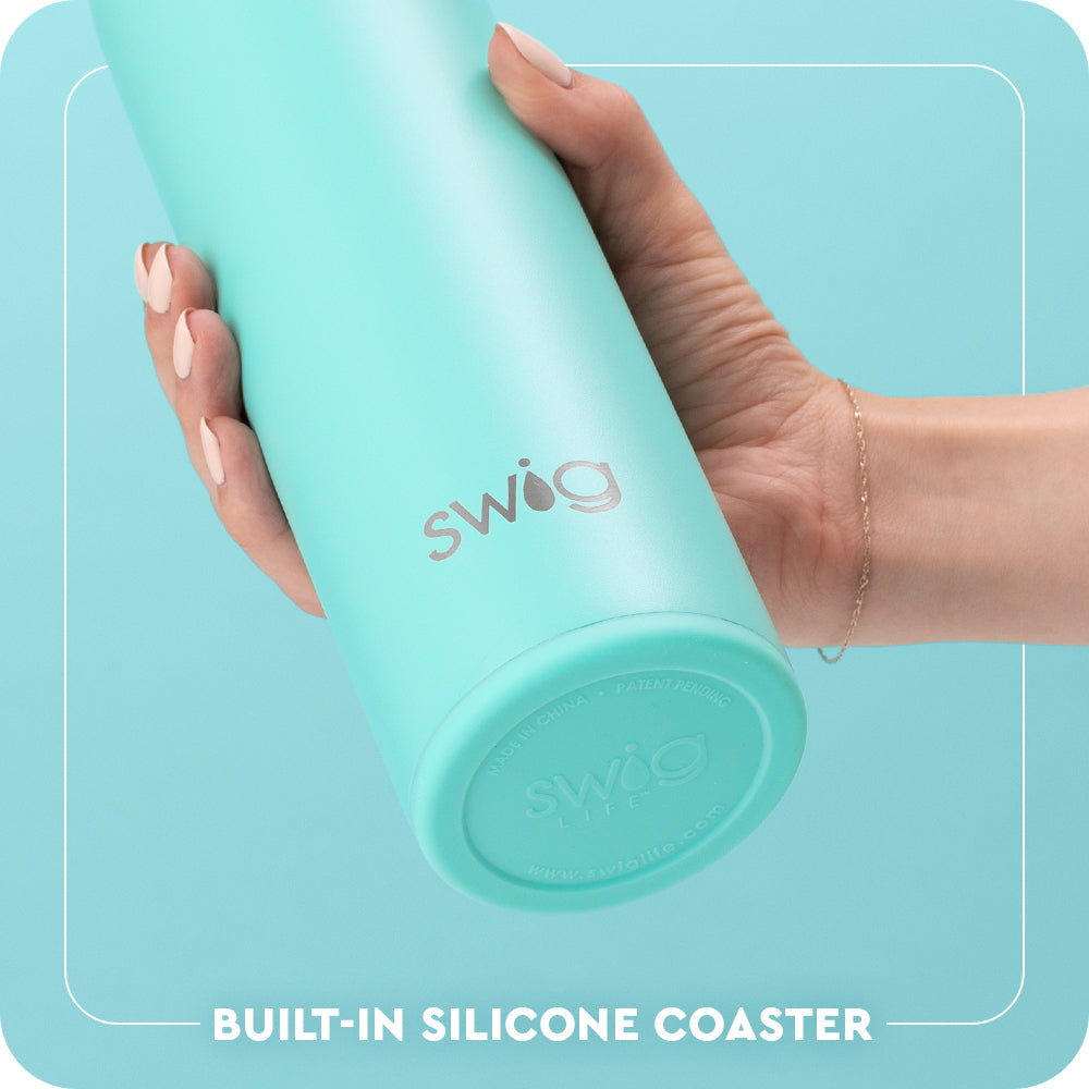 Swig Life 26oz Flip + Sip Bottle Built-in Silicone Coaster Base infographic shown in Aqua - slip-free, scratch-free, noise-free