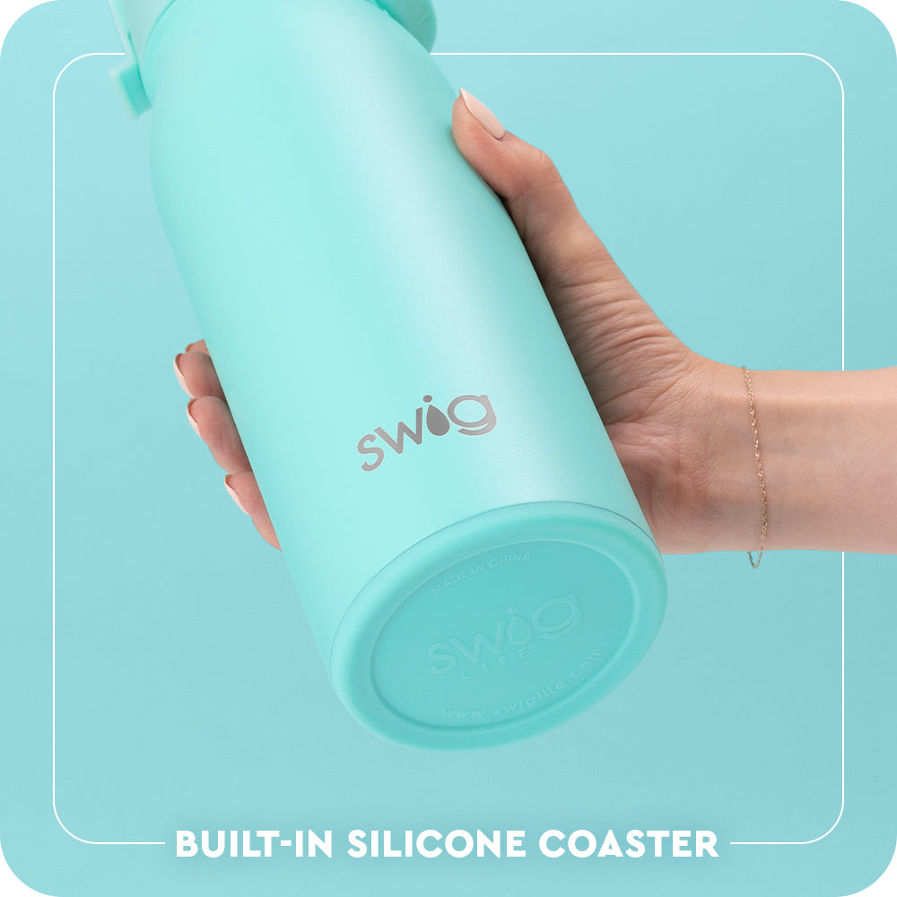 Swig Life 36oz Flip + Sip Bottle Built-in Silicone Coaster Base infographic shown in Aqua - slip-free, scratch-free, noise-free