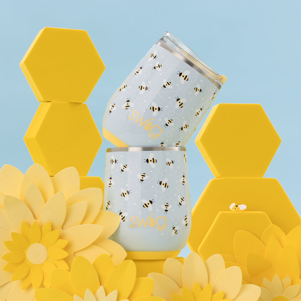 Swig Life Busy Bee 12oz Wine Cups with yellow flowers and yellow honeycomb