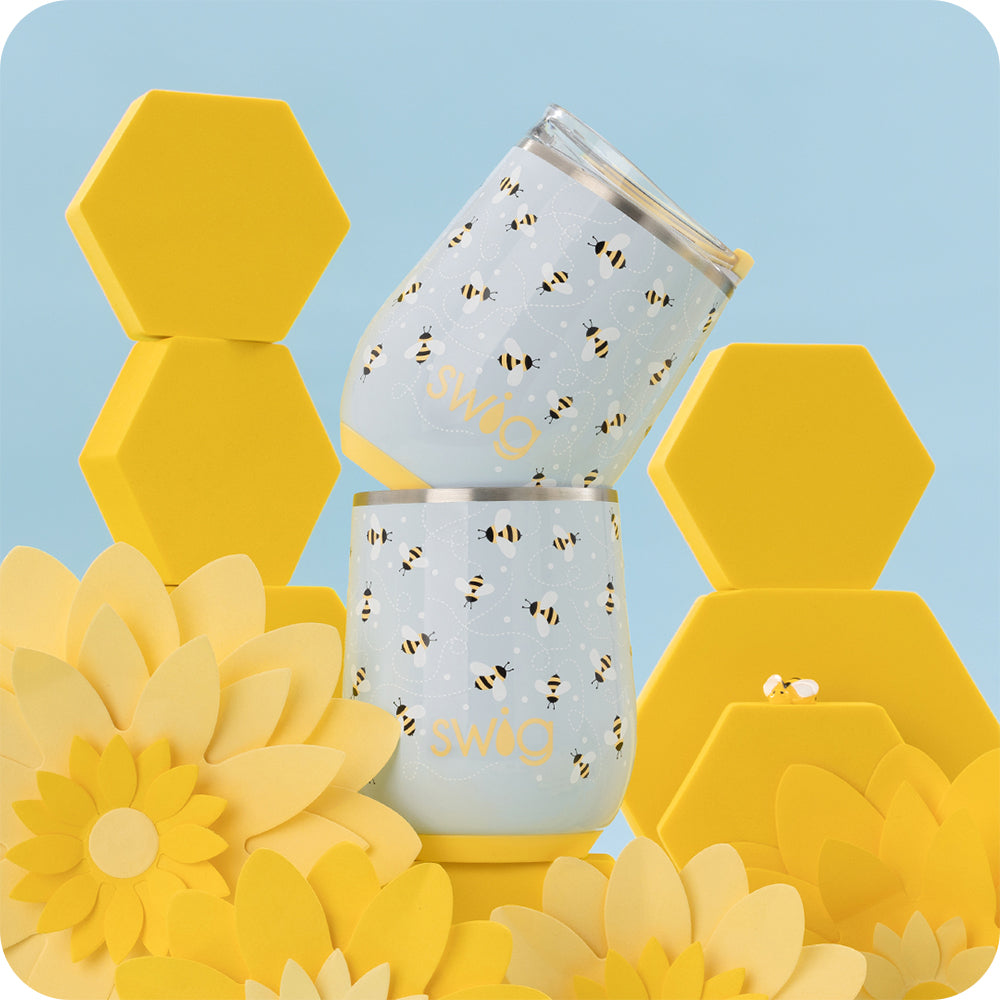Swig Life Busy Bee 12oz Wine Cups with yellow flowers and yellow honeycomb