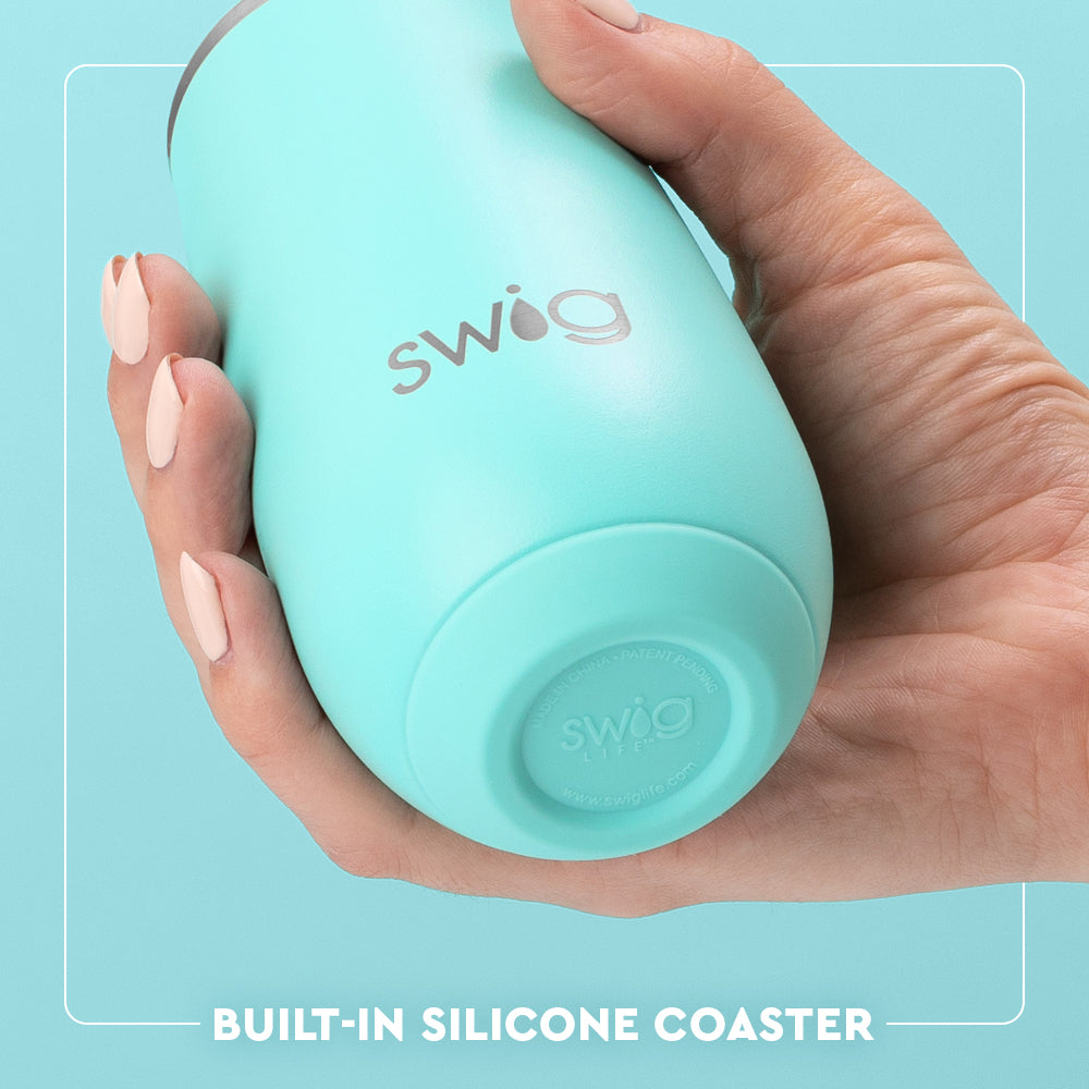 Swig Life 6oz Champagne Flute Built-in Silicone Coaster Base infographic shown in Aqua - slip-free, scratch-free, noise-free
