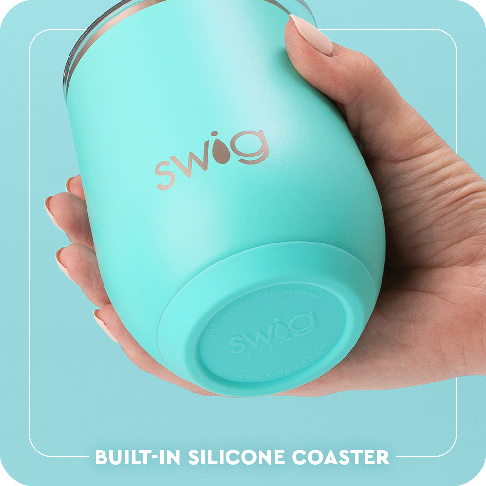 Swig Life 12oz Stemless Wine Cup Built-in Silicone Coaster Base infographic shown in Aqua - slip-free, scratch-free, noise-free