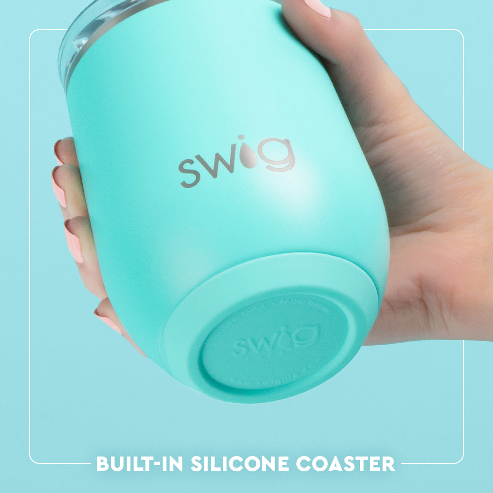 Swig Life Built-in Silicone Coaster Base infographic shown in Aqua - slip-free, scratch-free, noise-free