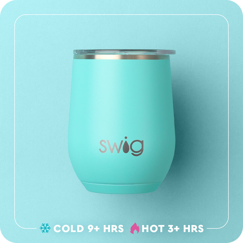 Swig Life 12oz Stemless Wine Cup temperature infographic - cold 9+ hours or hot 3+ hours