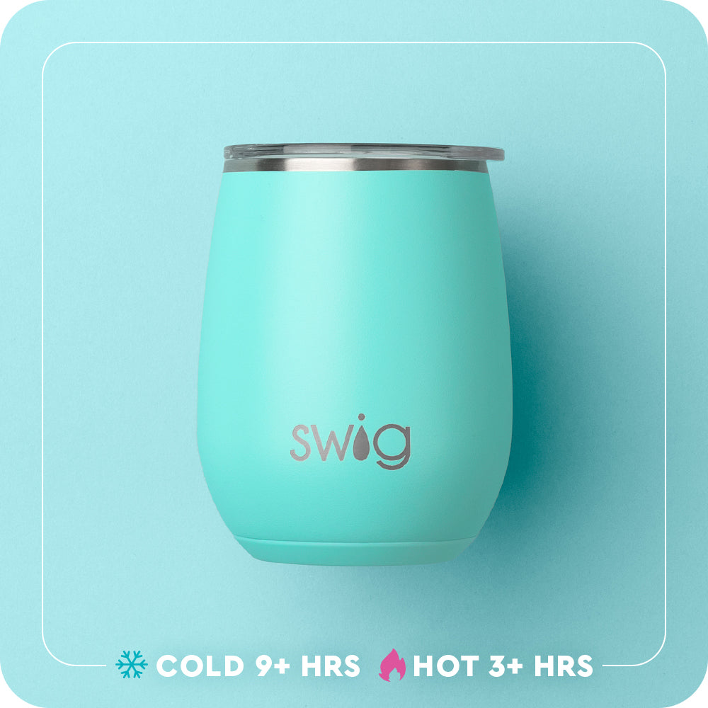 Swig Life 14oz Stemless Wine Cup temperature infographic - cold 9+ hours or hot 3+ hours