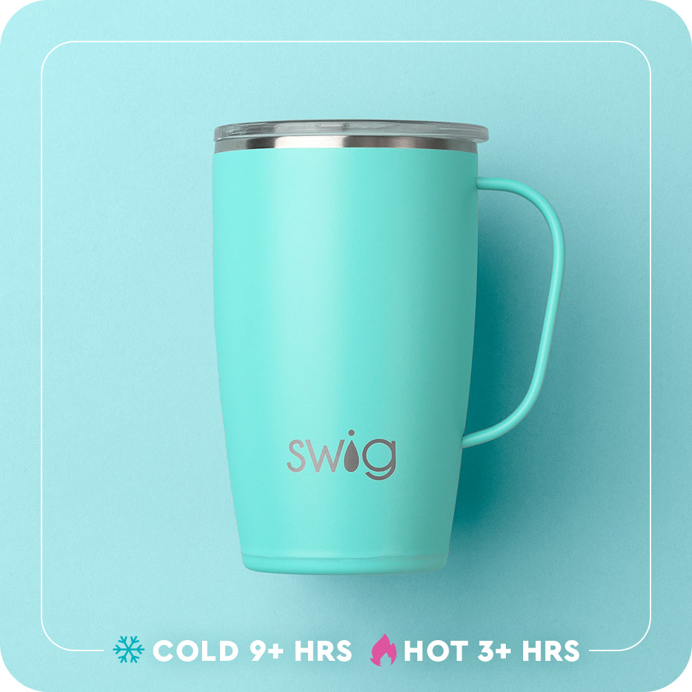 Swig Life 18oz Travel Mug temperature infographic - cold 9+ hours or hot 3+ hours