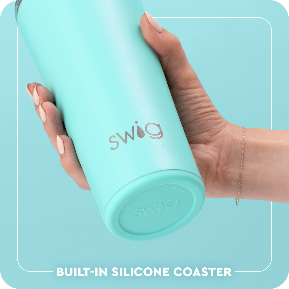 Swig Life 22oz Tumbler Built-in Silicone Coaster Base infographic shown in Aqua - slip-free, scratch-free, noise-free