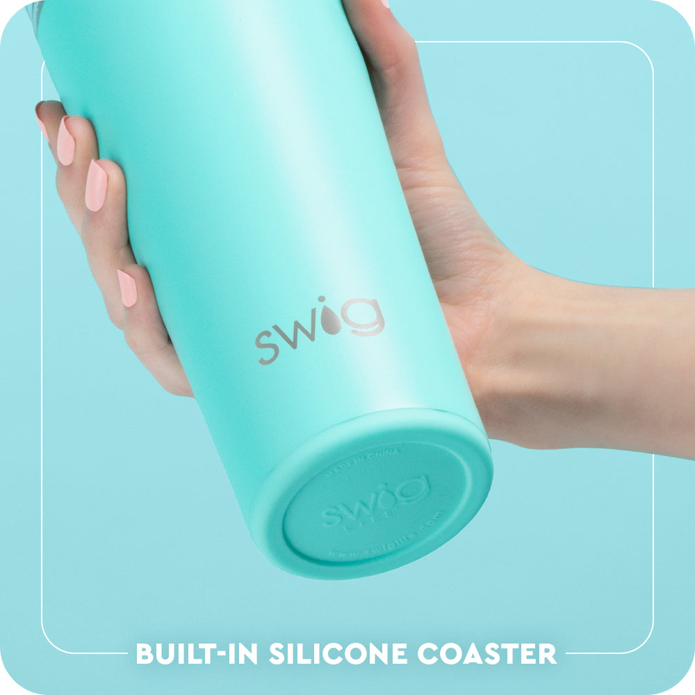 Swig Life Built-in Silicone Coaster Base infographic shown in Aqua - slip-free, scratch-free, noise-free