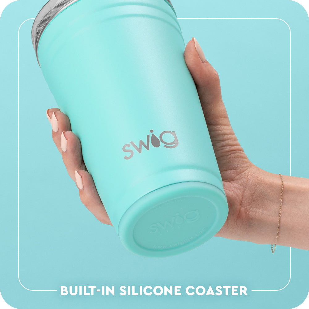 Swig Life 24oz Party Cup Built-in Silicone Coaster Base infographic shown in Aqua - slip-free, scratch-free, noise-free