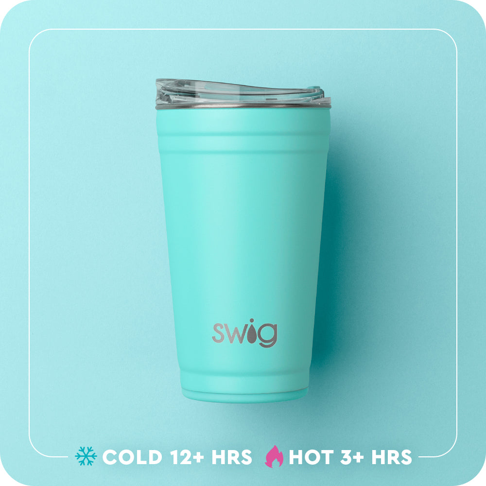 Swig Life 24oz Party Cup temperature infographic - cold 12+ hours or hot 3+ hours