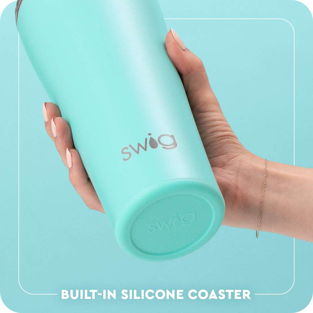 Swig Life 32oz Tumbler Built-in Silicone Coaster Base infographic shown in Aqua - slip-free, scratch-free, noise-free