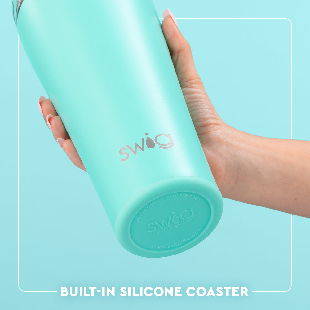 Swig Life Built-in Silicone Coaster Base infographic shown in Aqua - slip-free, scratch-free, noise-free