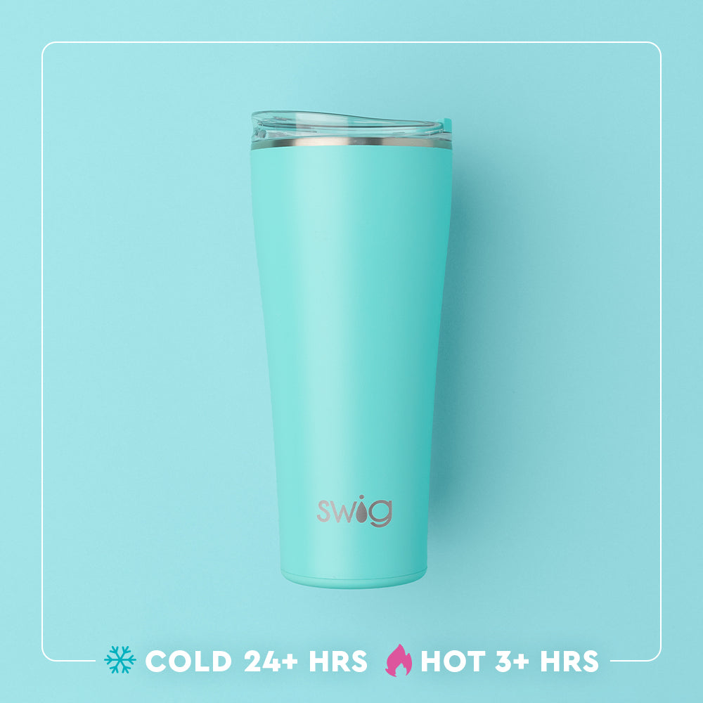 Swig Life 32oz Tumbler temperature infographic - cold 24+ hours or hot 3+ hours