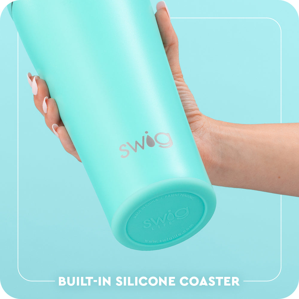 Swig Life 32oz Tumbler with Straw Lid Built-in Silicone Coaster Base infographic shown in Aqua - slip-free, scratch-free, noise-free