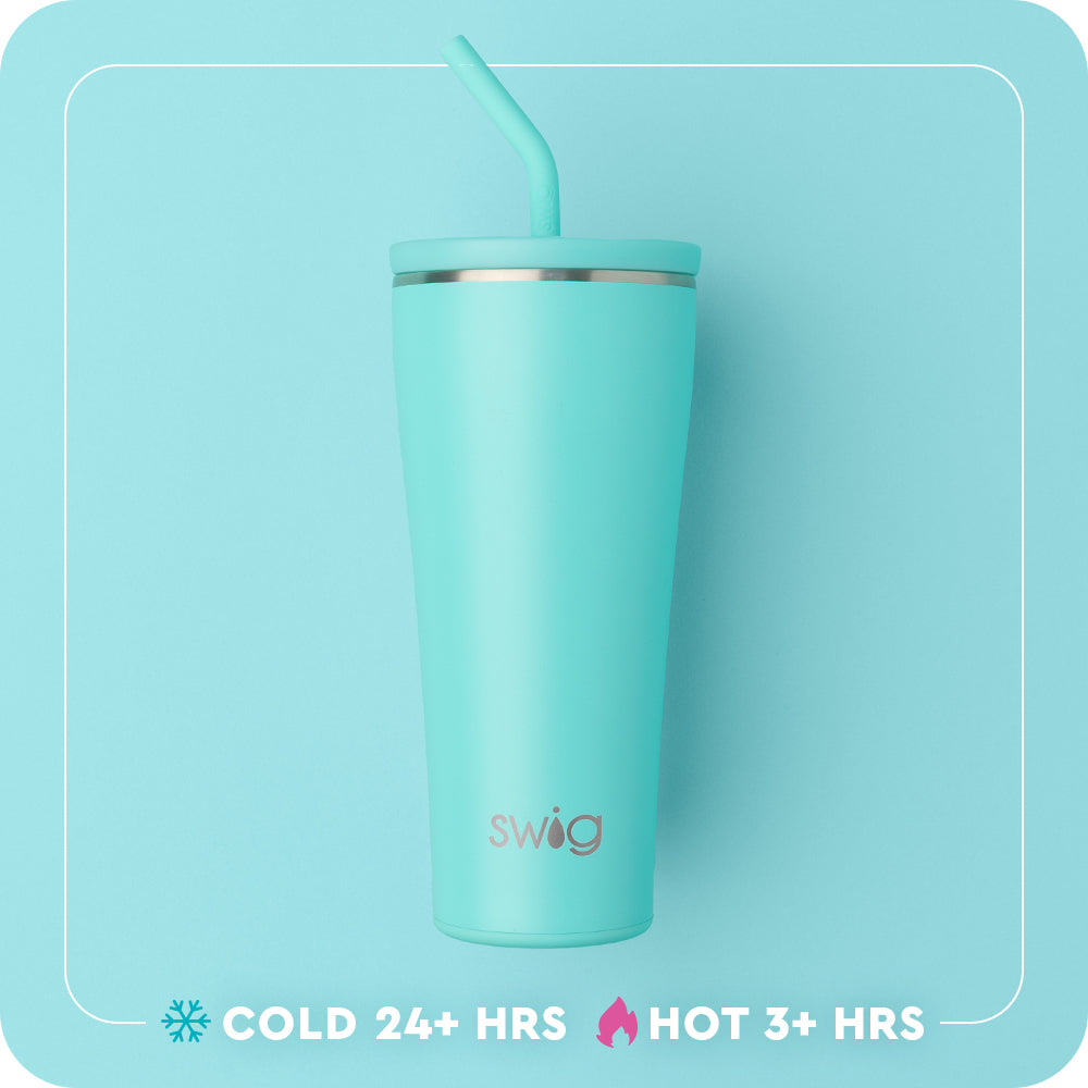 Swig Life 32oz Tumbler with Straw Lid temperature infographic - cold 24+ hours or hot 3+ hours