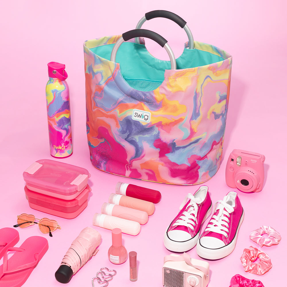 Swig Life Candy Crush Loopi and 26oz Flip + Sip Water Bottle with pink packing items on a pink background