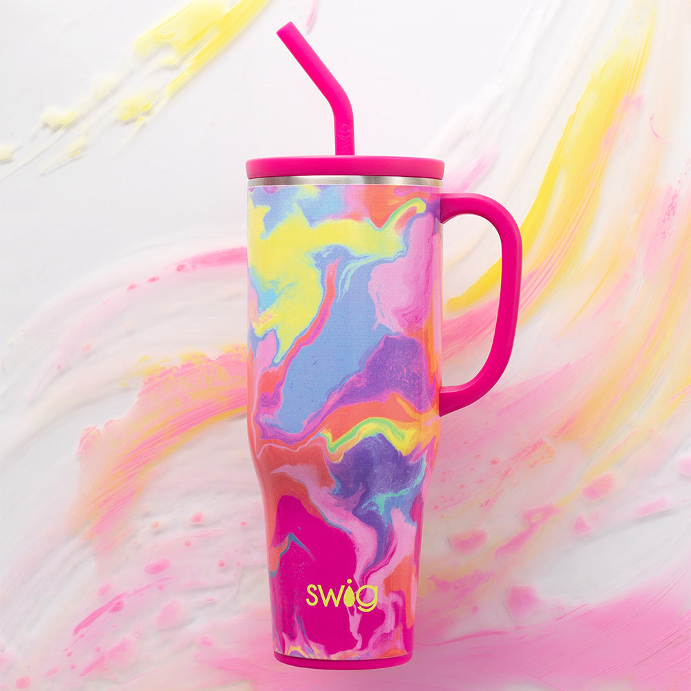 Swig Life 40oz Mega Mug Insulated Tumbler in Candy Crush on a tie dye background
