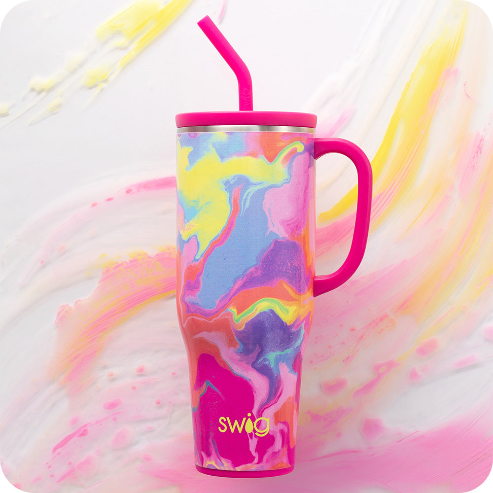 Swig Life 40oz Mega Mug Insulated Tumbler in Candy Crush on a tie dye background