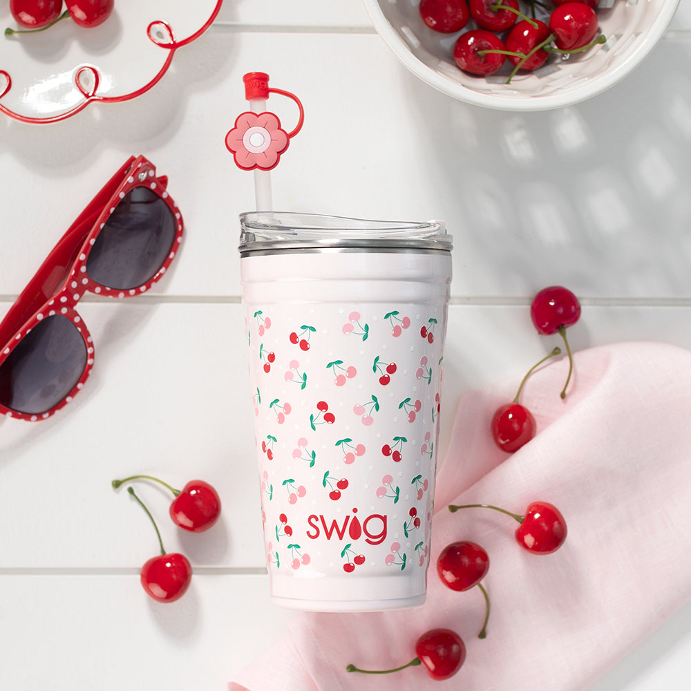 Swig Life 24oz Party Cup in Cherry Pie shot with red cherries and red polka dot sunglasses