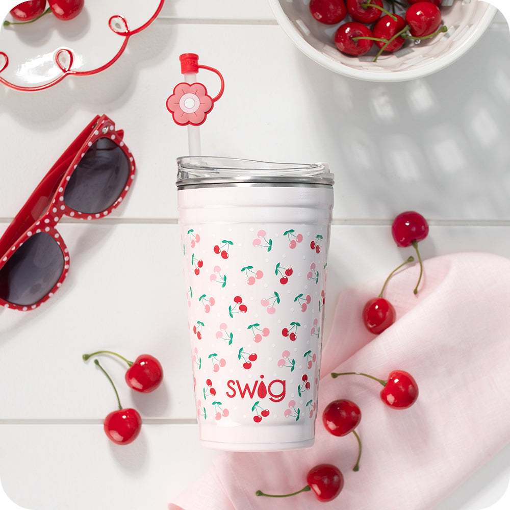 Swig Life 24oz Party Cup in Cherry Pie shot with red cherries and red polka dot sunglasses