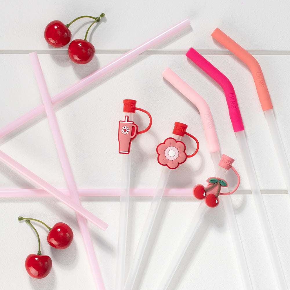 Swig Life Cherry Pie Straw Topper Set and Blush/Coral/Pink Mega Mug Straws shot on a white background with cherry accents