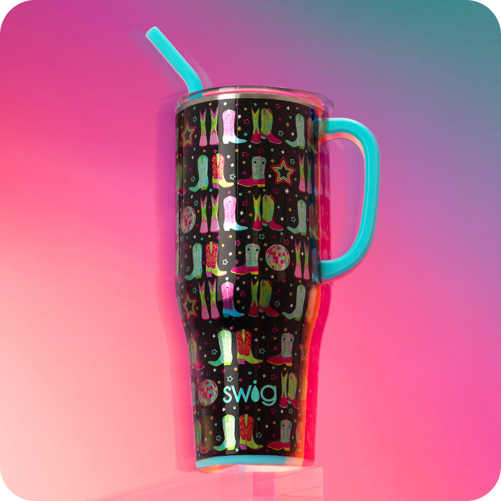 Swig Life Insulated Disco Cowgirl 40oz Mega Mug on a bright pink and purple background