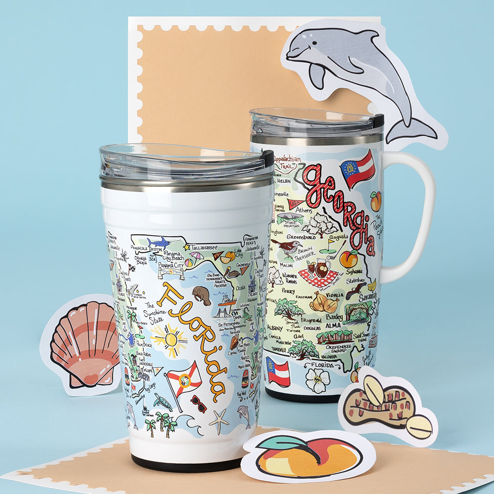 Swig Life 24oz Party Cup in Florida and 22oz Travel Mug in Georgia shot on a light blue background with a shell, peach, peanut, and dolphin stickers