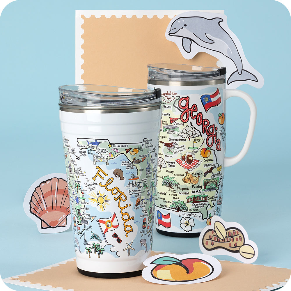 Swig Life 24oz Party Cup in Florida and 22oz Travel Mug in Georgia shot on a light blue background with a shell, peach, peanut, and dolphin stickers