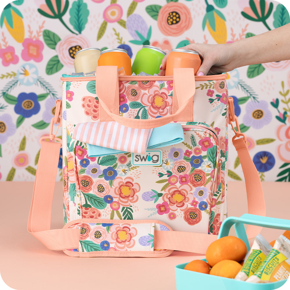 Swig Life Full Bloom Insulated Packi Backpack Cooler filled with ice and drinks