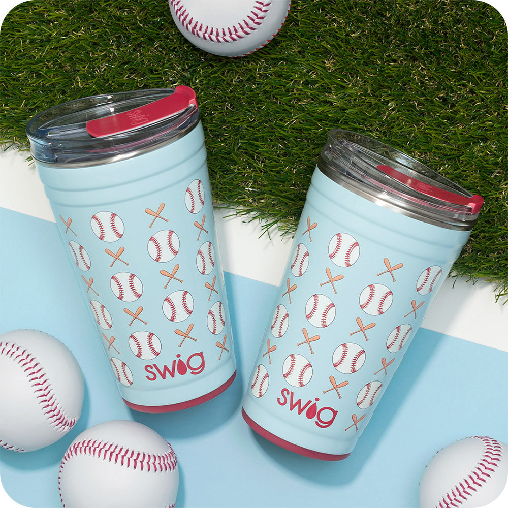 Swig Life Insulated Home Run Party Cups on a baseball field