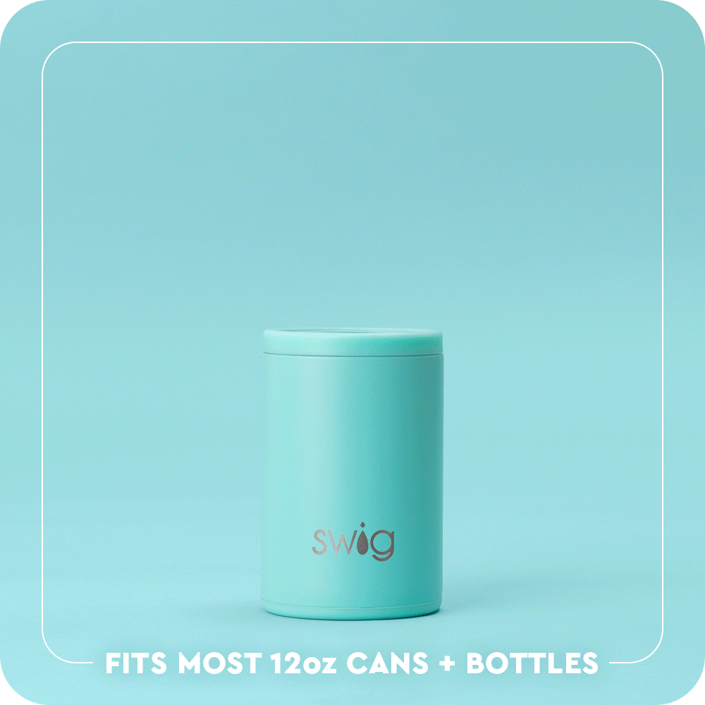 Swig Life 12oz Can + Bottle Cooler animation showing two ways to use the cooler - for a can or bottle