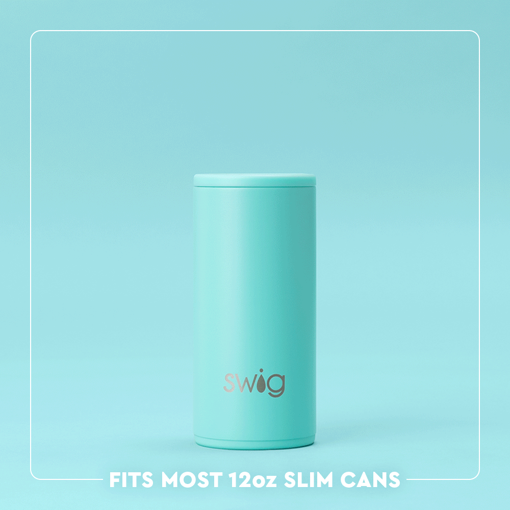 Swig Life 12oz Skinny Can Cooler animation showing how to unscrew lid - fits most slim cans