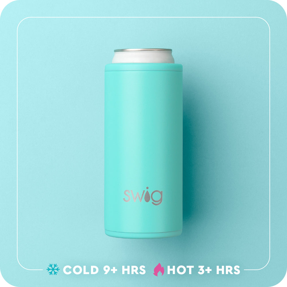 Swig Life 12oz Skinny Can Cooler temperature infographic - cold 9+ hours or hot 3+ hours