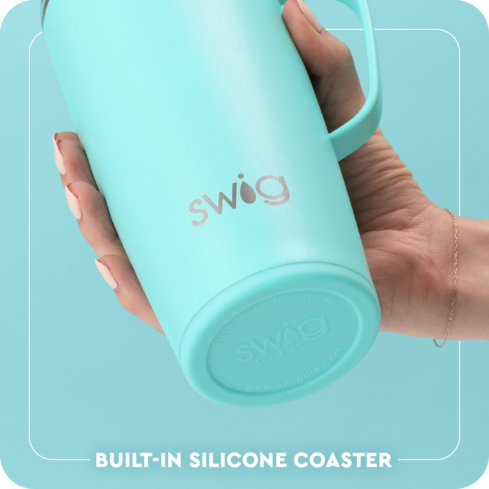 Swig Life 22oz Travel Mug Built-in Silicone Coaster Base infographic shown in Aqua - slip-free, scratch-free, noise-free
