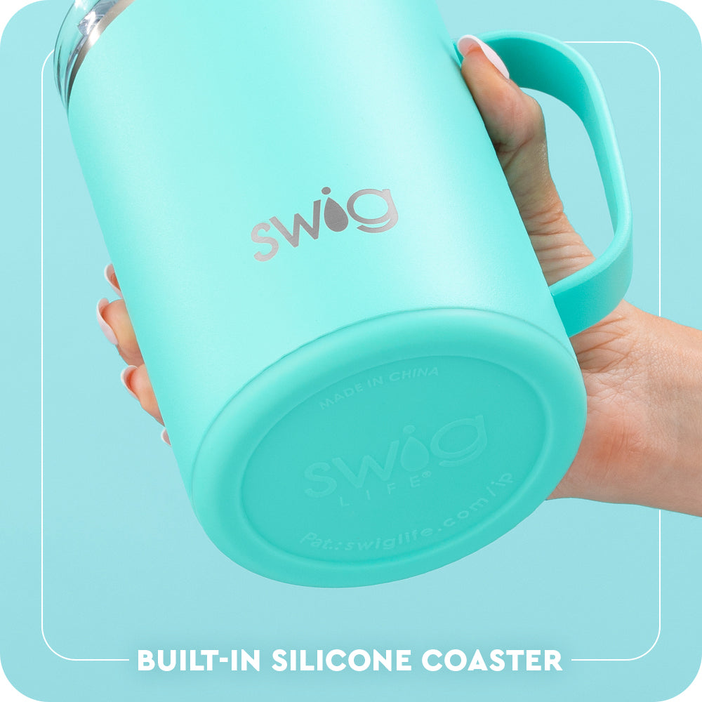 Swig Life 24oz Large Camper Mug Built-in Silicone Coaster Base infographic shown in Aqua - slip-free, scratch-free, noise-free