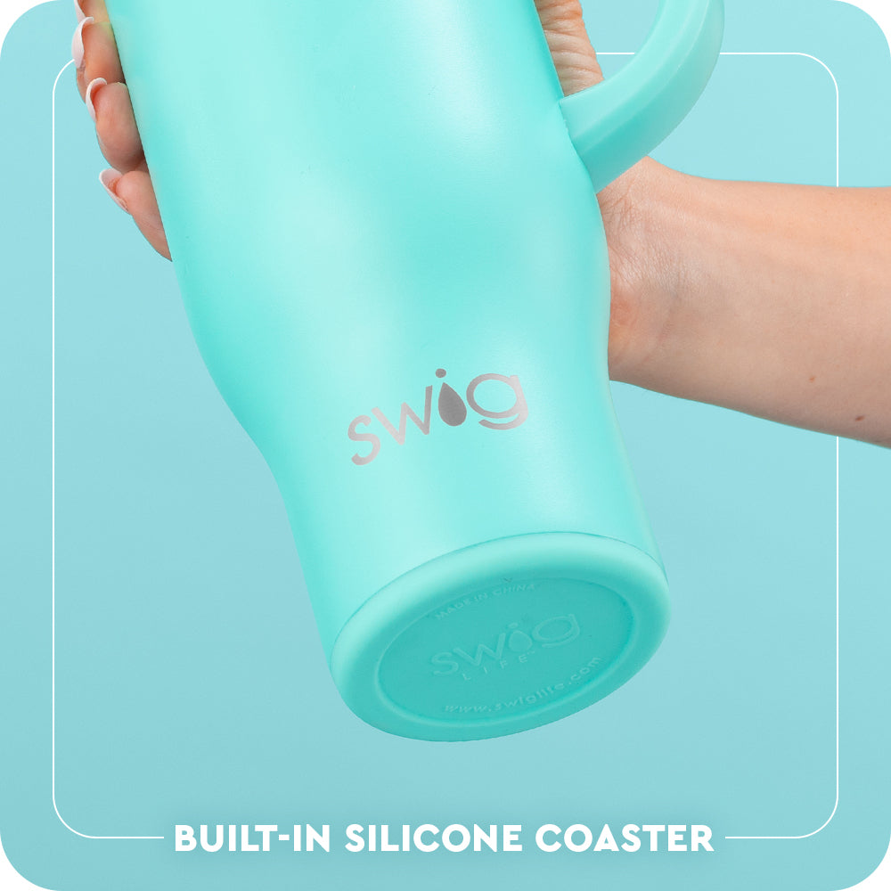 Swig Life 30oz Mega Mug Built-in Silicone Coaster Base infographic shown in Aqua - slip-free, scratch-free, noise-free