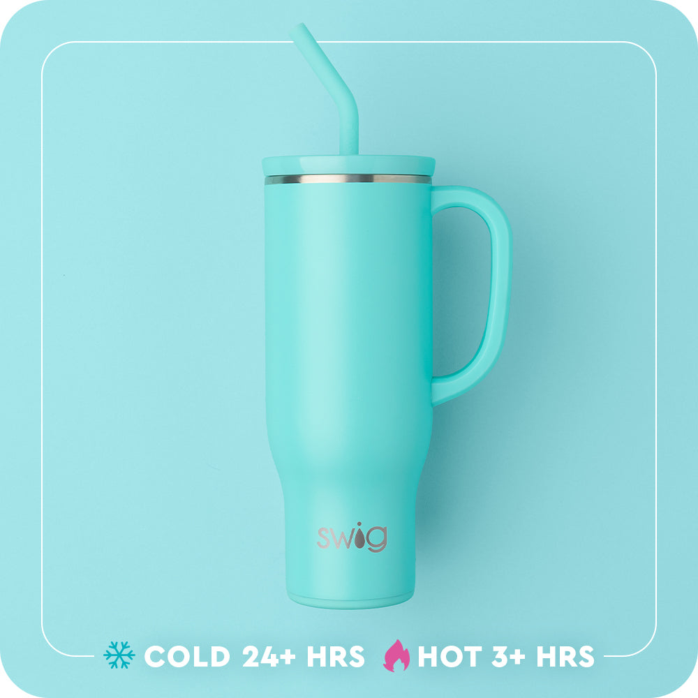 Swig Life 30oz Mega Mug with Straw Lid temperature infographic - cold 24+ hours or hot 3+ hours