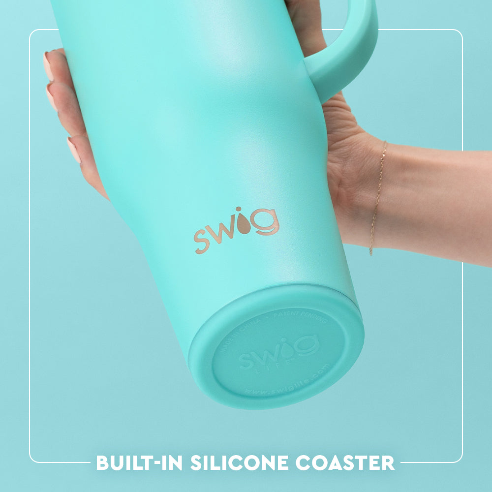 Swig Life 40oz Mega Mug Built-in Silicone Coaster Base infographic shown in Aqua - slip-free, scratch-free, noise-free