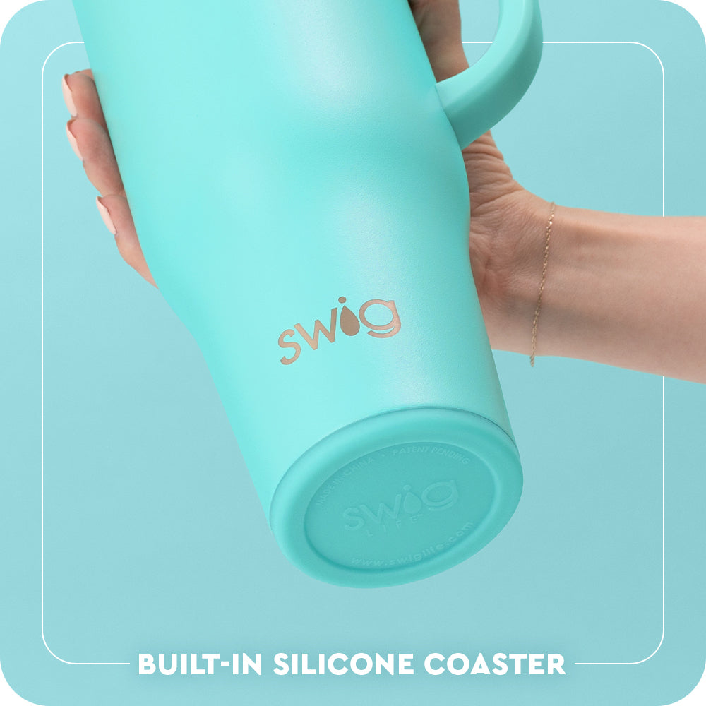 Swig Life 40oz Mega Mug Built-in Silicone Coaster Base infographic shown in Aqua - slip-free, scratch-free, noise-free