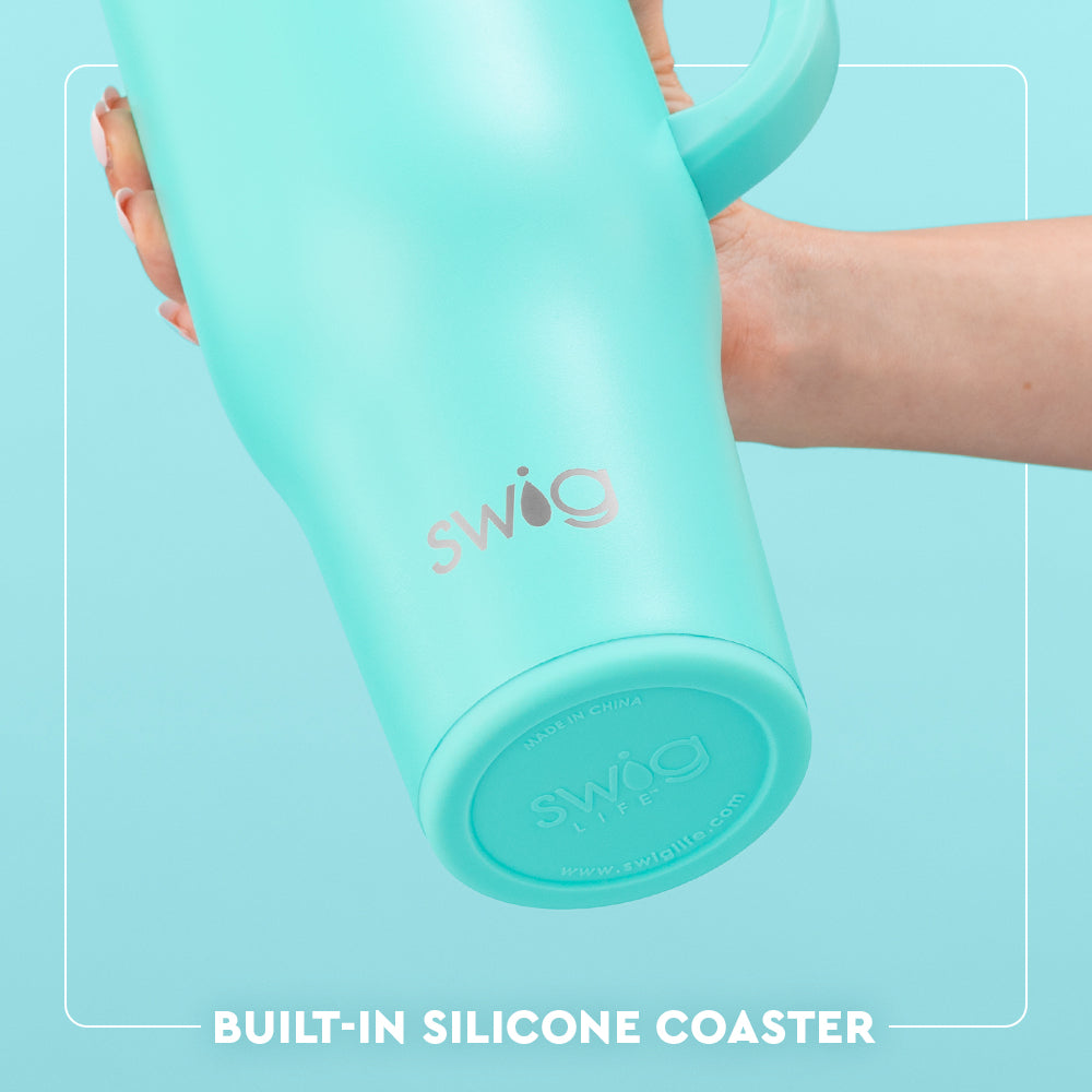 Swig Life 40oz Mega Mug with Straw Lid Built-in Silicone Coaster Base infographic shown in Aqua - slip-free, scratch-free, noise-free