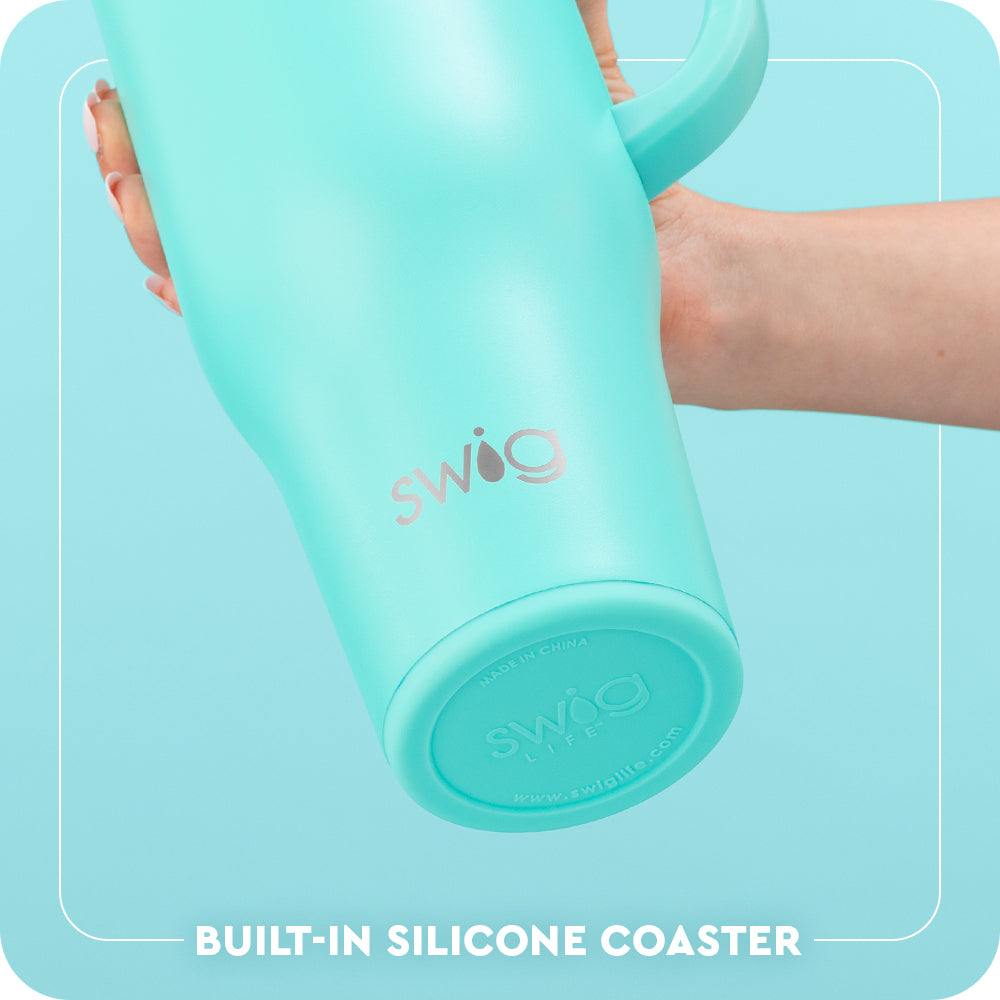 Swig Life 40oz Mega Mug with Straw Lid Built-in Silicone Coaster Base infographic shown in Aqua - slip-free, scratch-free, noise-free