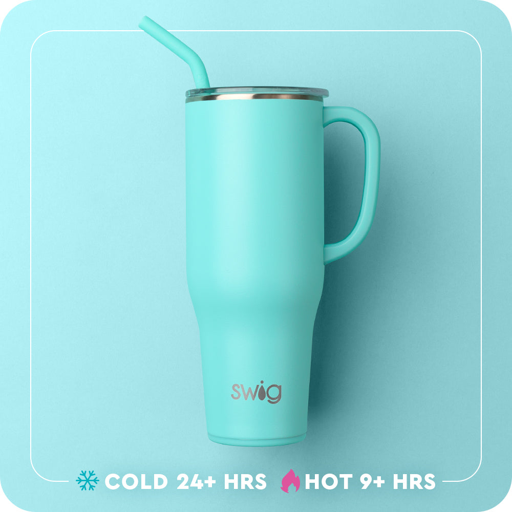Swig Life 40oz Mega Mug temperature infographic - cold 24+ hours or hot 9+ hours