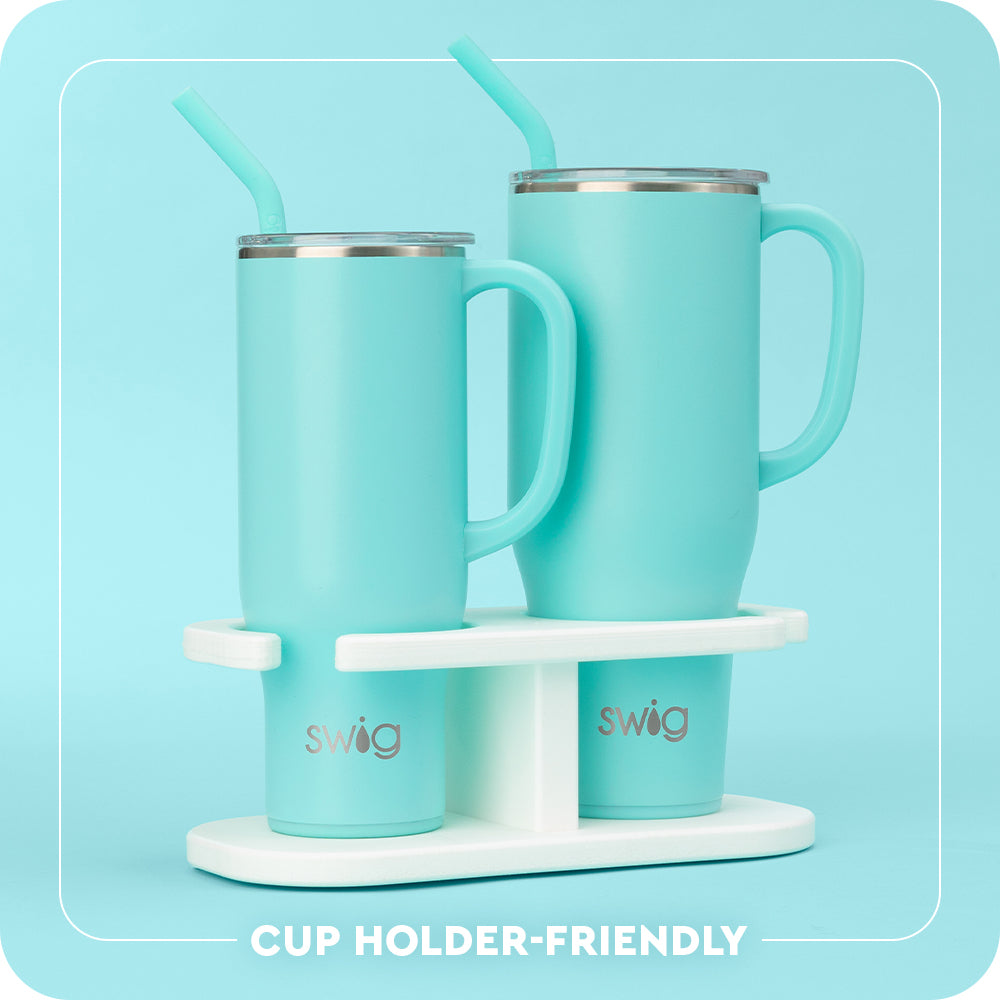 Infographic showing the size difference of the Swig Life 30oz Mega Mug and 40oz Mega Mug, both are cup-holder friendly