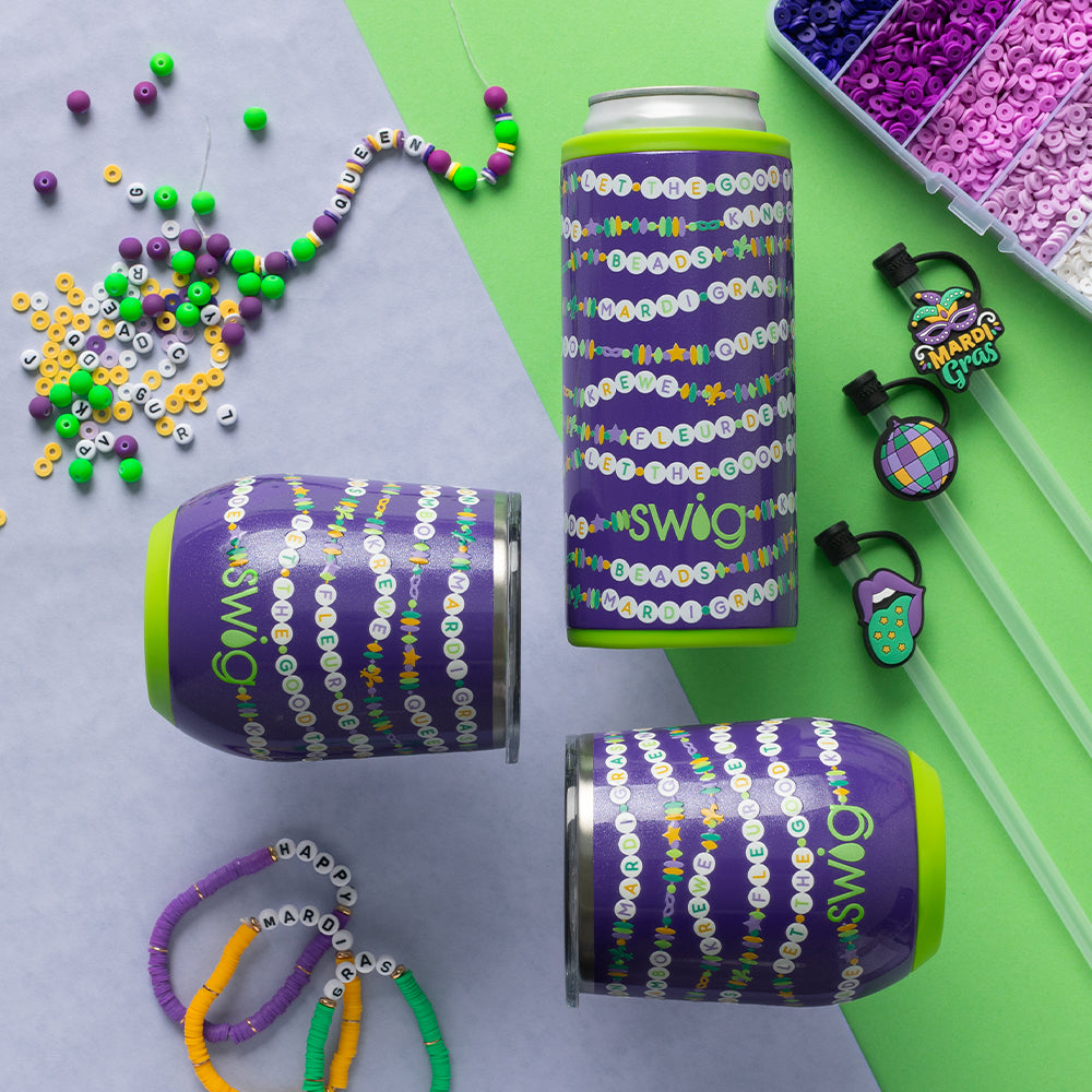 Swig Life My Mardi Era Insulated Drinkware with friendship beads and bracelets