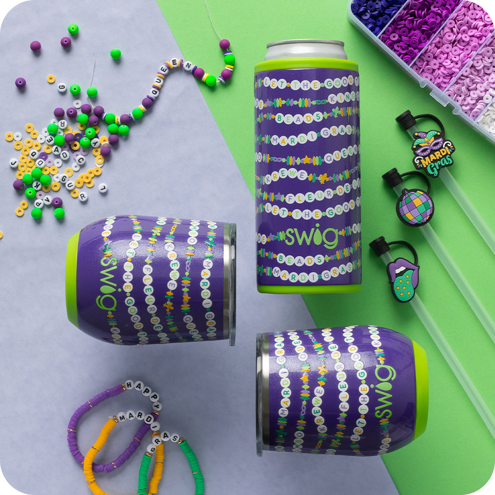 Swig Life My Mardi Era Insulated Drinkware with friendship beads and bracelets