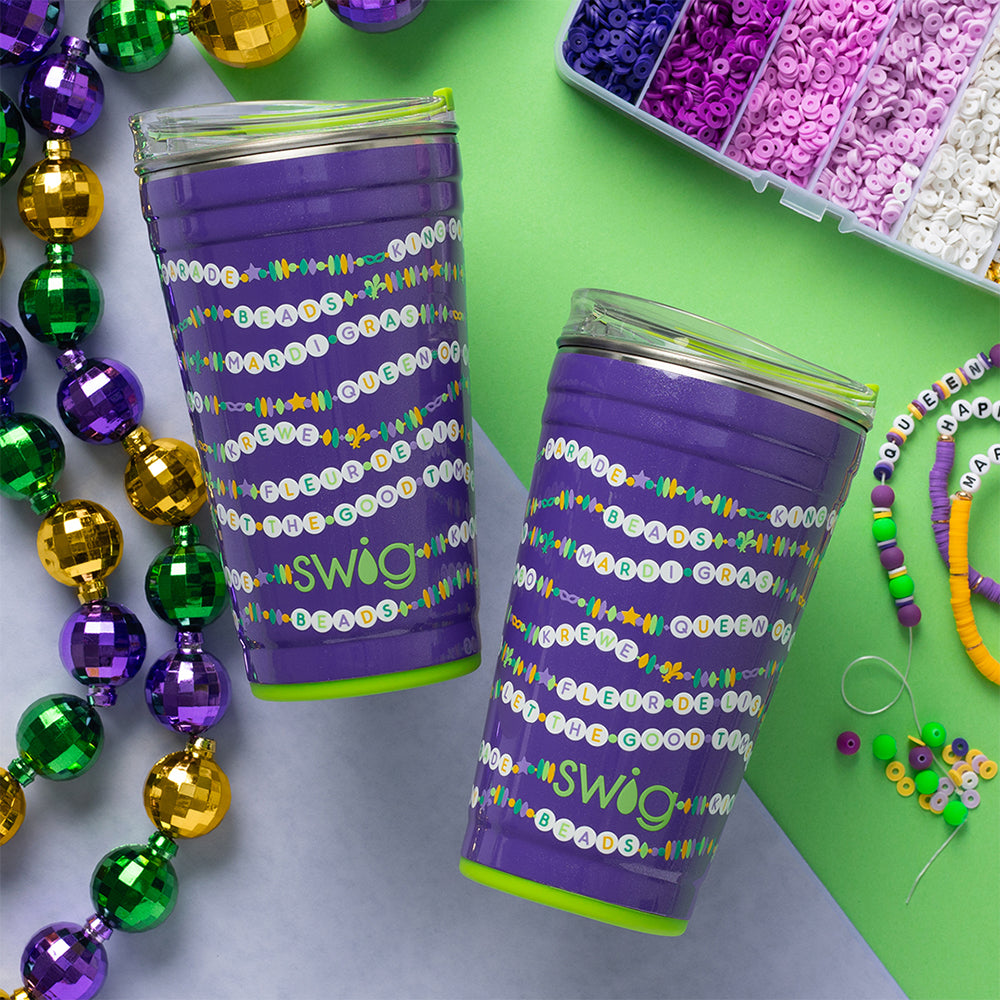 Swig Life My Mardi Era 24oz Party Cups with Mardi Gras beads and bead making kit