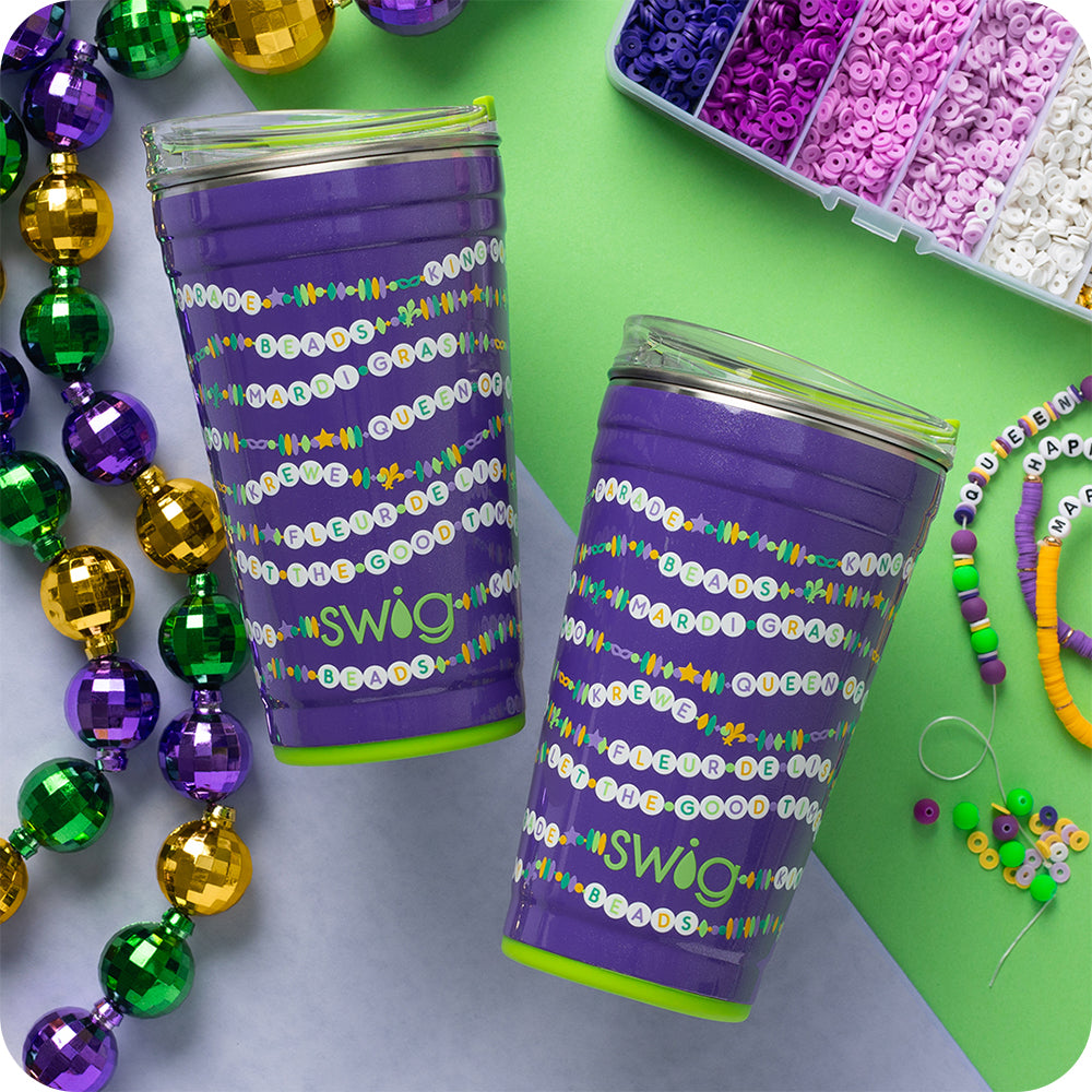 Swig Life My Mardi Era 24oz Party Cups with Mardi Gras beads and bead making kit