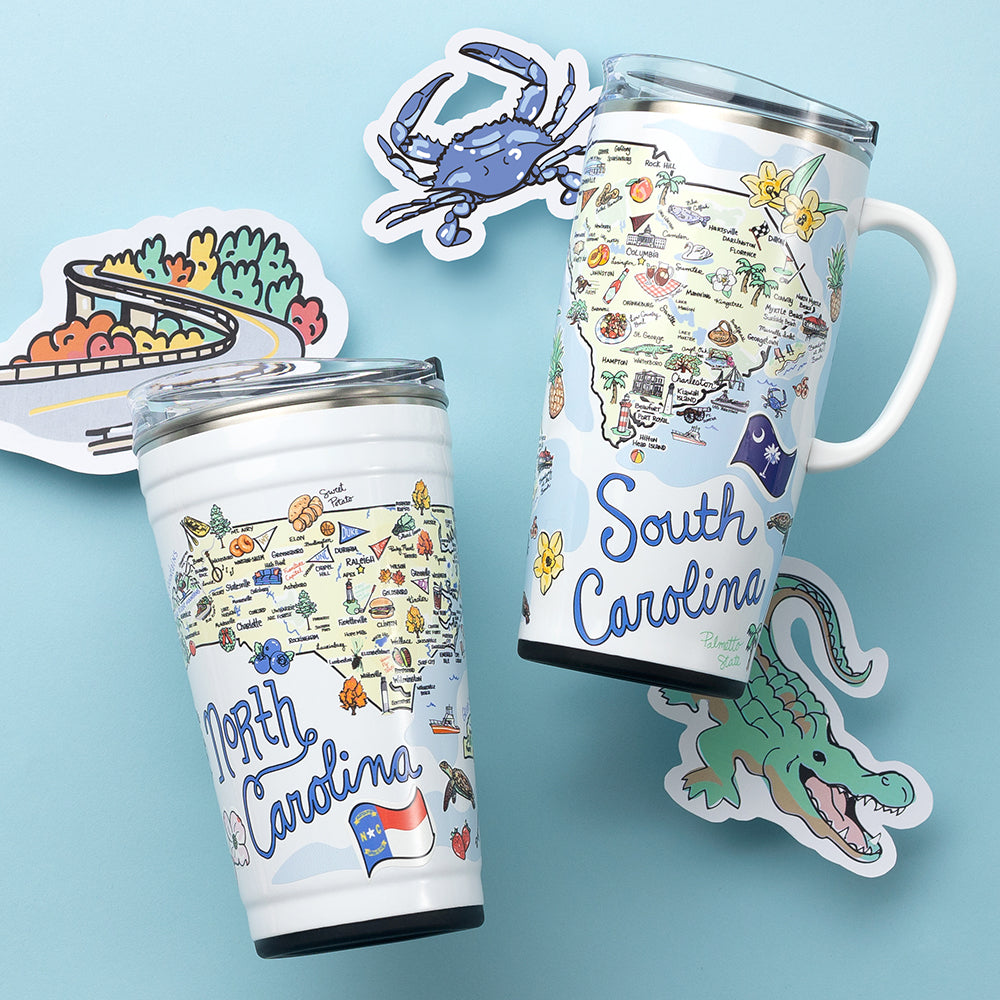 Swig Life 24oz Party Cup in North Carolina and 22oz Travel Mug in South Carolina shot on a light blue background with a blue crab and green alligator sticker